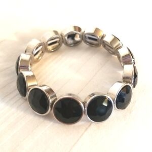 Silver Black Glass Bead Round Stretch Bracelet